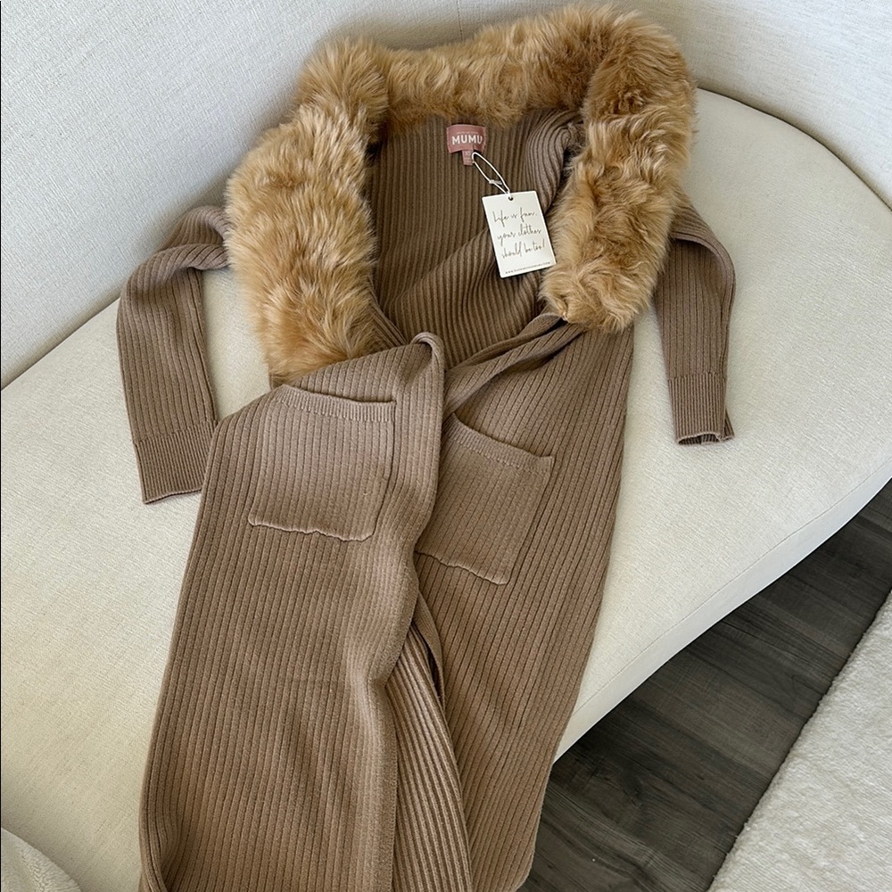 Show Me Your MuMu Tan Cardigan with Faux Fur Collar